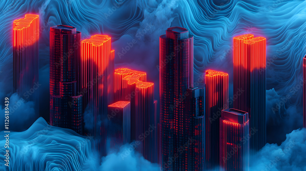 Poster three glowing skyscrapers in red light contrast sharply with a dynamic swirling blue sky, creating a