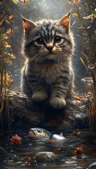 Adorable grey kitten sits on log near water, looking at fish.