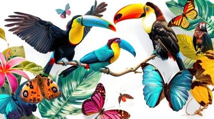 Fototapeta premium A vibrant showcase of tropical animals, like a toucan, monkey, and colorful butterfly, highlighted against a clean white background,