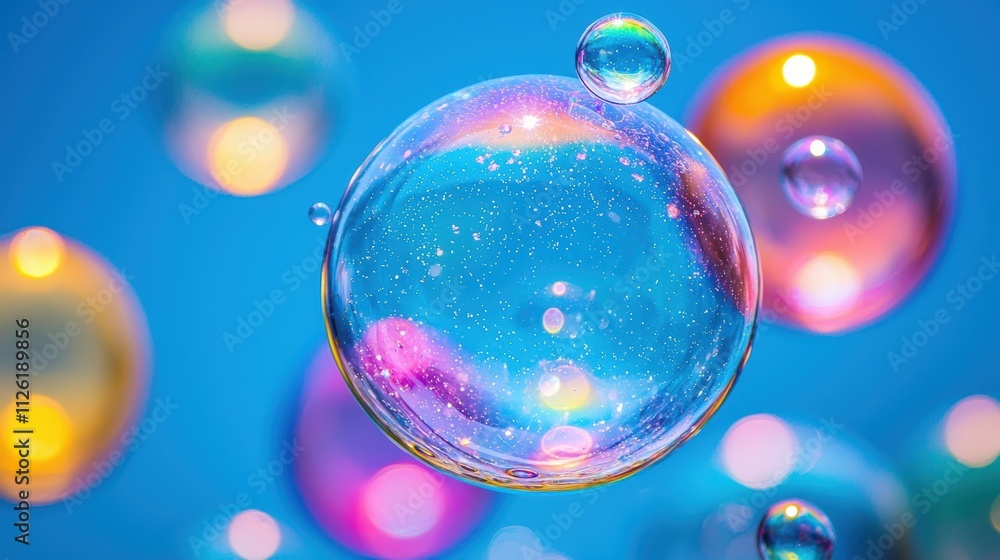 Poster colorful soap bubbles floating against a bright blue background, reflecting light and creating a mes
