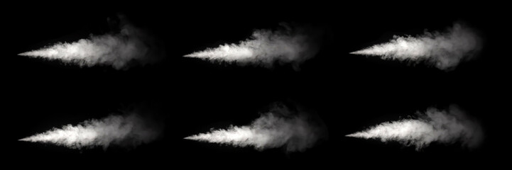 Close-up photo set of abstract white smoke or vapor floating on black background. Fog and clouds effect for design. Smog elements.