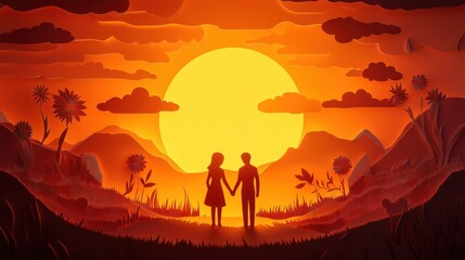 Naklejka premium Couple holding hands, stylized silhouettes in a paper art sunset, 3D illustration --ar 16:9 --v 6.1 Job ID: dcacaebd-34c1-4ec0-8531-3ad80dce1cd1