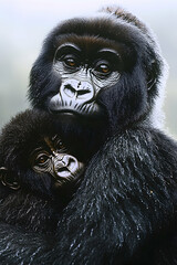 Obraz premium Close-up portrait of a mother gorilla gently holding her baby.