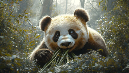 Obraz premium Cute panda bear eating bamboo in a misty forest.