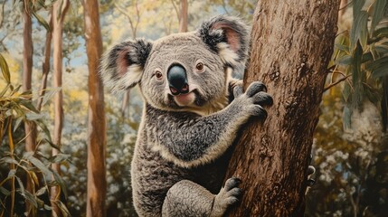 Naklejka premium Koala Clinging to a Tree Trunk