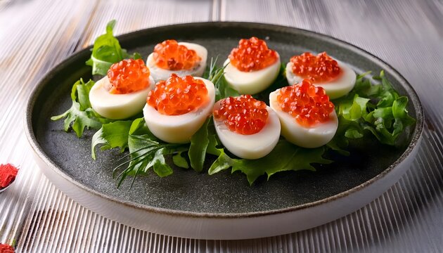 Quail eggs halved and topped with red caviar, served on a bed of fresh greens for a luxurious starter