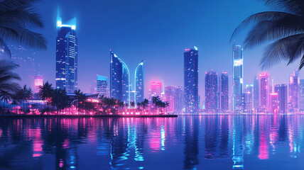 Fototapeta premium Vibrant Futuristic City Skyline at Night with shiny and glowing neon lights, abstract ultra modern light effect of cityscape featuring sleek modern architecture illuminated by vibrant neon lights. 