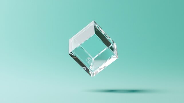 Floating crystal cube display minimalist digital art calm teal background modern concept