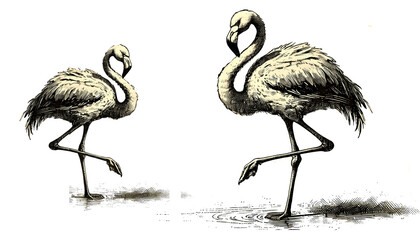 Vintage flamingos illustration, vintage flamingos engraving with detailed sketch, isolated on transparent background. Black and white PNG