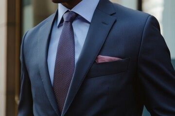 Professional Businessman in Stylish Blue Suit with Purple Tie and Pocket Square in Urban Setting