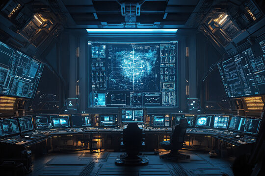 Spacecraft control cabin with screens, panels and sensors. Generated by artificial intelligence