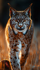 Fototapeta premium Majestic lynx walking towards camera in warm light.