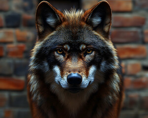 Obraz premium Majestic red wolf stares intensely, brick background.