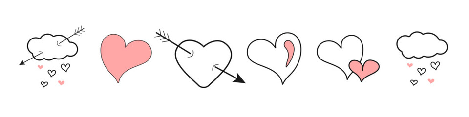Line Art Valentine's Day Sticker Collection On White Background. Vector Illustration heart, cloud, arrow. Valentine's Day Holiday Doodle Icons. Baby Pink Party Elements for Cards, Banners, Poster, Web