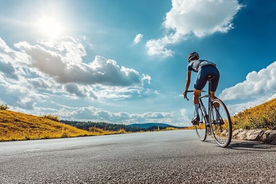 Cyclist climbing uphill, with the sky and road offering ample room