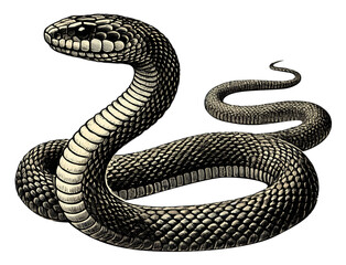 Fototapeta premium Vintage snake illustration, vintage snake engraving with detailed sketch, isolated on transparent background. Black and white PNG