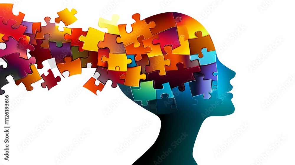 Poster puzzle piece head with a colorful brain. the puzzle pieces are scattered all over the head, creating
