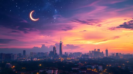 Vibrant sunset cityscape with crescent moon and stars.