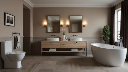 An elegant bathroom design featuring a freestanding tub, dual sinks, and soft lighting. Natural elements and warm colors create a relaxing and inviting environment