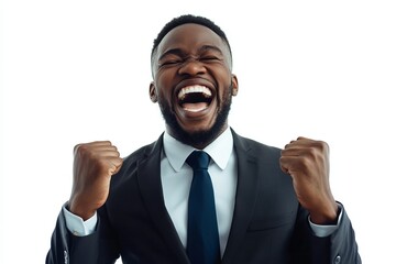 A man in a suit and tie is smiling and raising his hands in the air
