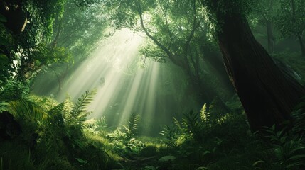 Sunbeams Illuminate Lush Green Tropical Rainforest