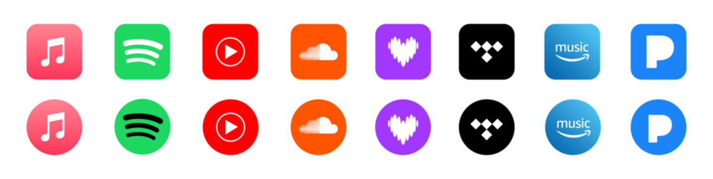 Spotify, Apple music, Deezer, Soundcloud, YouTube music, Amazon music, Pandora, iTunes, Tidal. Popular music streaming services logo vector