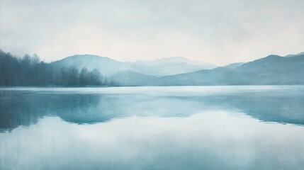 Obraz premium Serene Lake Reflections Misty Mountainscape