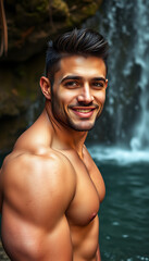 a handsome man at waterfall