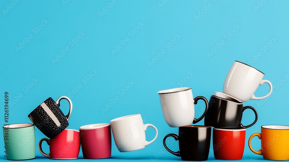 Poster row of colorful cups stacked on top of each other. the cups are of different sizes and colors, creat