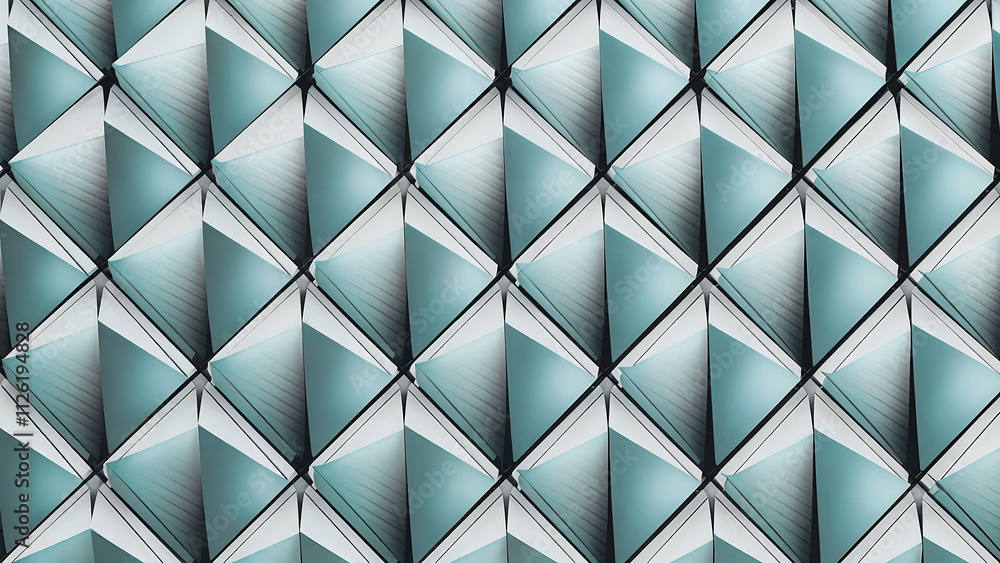 Poster seamless pattern of overlapping light teal-blue triangles defined by thin black diagonal stripes, cr