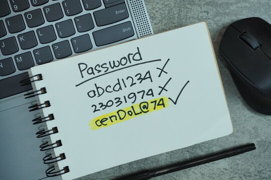 Weak and strong password suggestion handwritten on note paper. Cybersecurity concept to protect online accounts. selective focus.