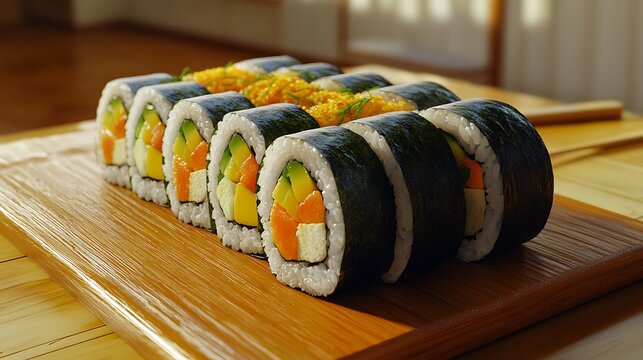 A beautifully arranged platter of sushi rolls on a wooden board.