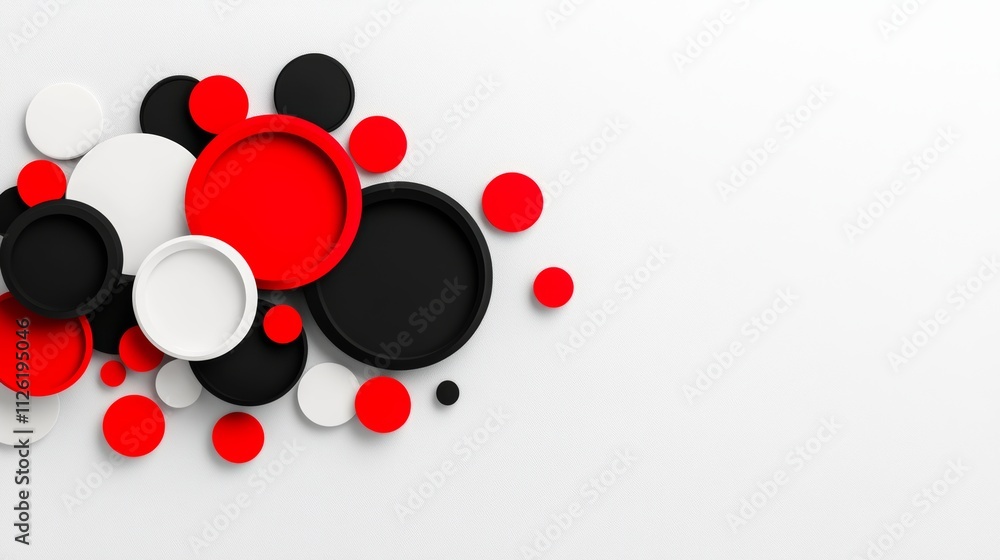 Poster white background with red and black circles. the circles are of different sizes and are arranged in 