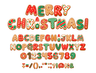 Christmas gingerbread font, x mas typeface, new year type, English pastry alphabet. Festive abc characters decorated with icing, candy patterns and holiday colors. Letters, numbers and symbol cookies © Vector Tradition