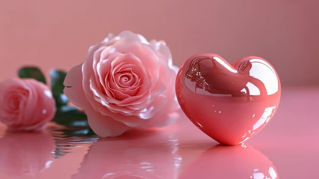 video of 3d glossy pink heart and rose on background, love, valentines day, colored hearts, valentine, romance, symbol, heart shape figure