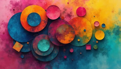 Abstract illustration, shape, color and form. Geometric figures (circles, squares, triangles, rhombuses) vividly interact with each other. Colored in bold, bright hues such as magenta, lemon yellow, c