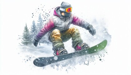 Snowboarder in colorful winter clothing jumping in snowy forest with artistic splatter effect on white background. Watercolor illustration, winter sports concept