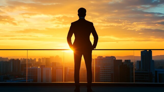 A man in a suit stands on a balcony overlooking a city