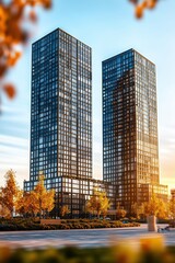Modern Glass Skyscrapers Reflecting Vibrant Autumn Sunset