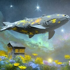 아름다운 밤하늘을 나는 거대한 고래, 꽃이 핀 정원 위 작은 집 일러스트. 02