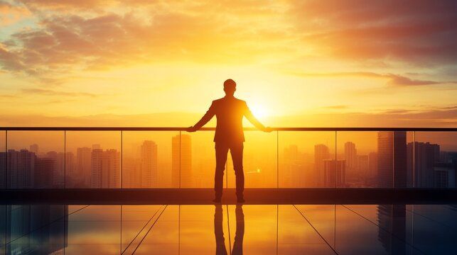A man stands on a balcony looking out at the city