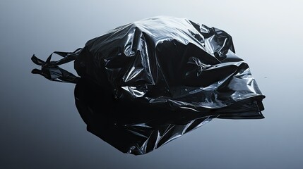 Naklejka premium A shiny black plastic bag lying flat on a reflective surface under artificial lighting