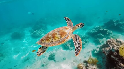 Obraz premium Vibrant Turtle Swimming Through Coral Reef