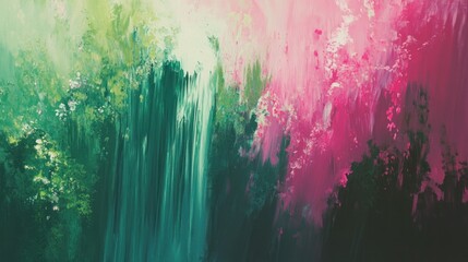 Abstract Waterfall: A Symphony of Greens and Pinks
