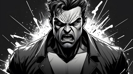 Dynamic Black and White Comic Style Portrait of an Angry Hero
