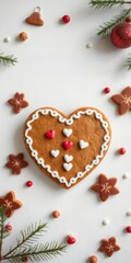 Oktoberfest gingerbread heart cookie decorated with festive ornaments, surrounded by copy space, heart, copy space
