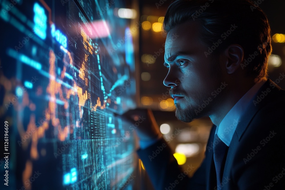Poster a man is looking at a computer screen with a lot of numbers and graphs