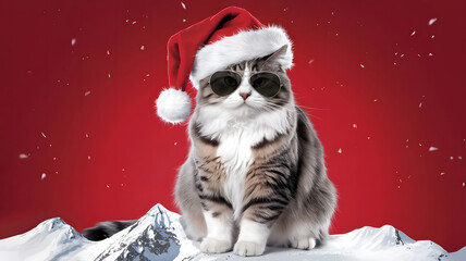 a fluffy cat in a Santa hat, on red background.