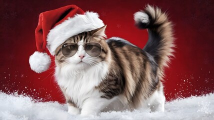 a fluffy cat in a Santa hat, on red background.