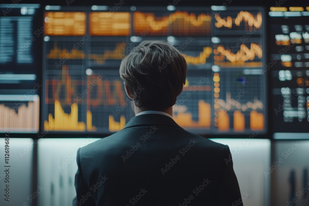 Poster a man is looking at a computer screen with multiple graphs and numbers